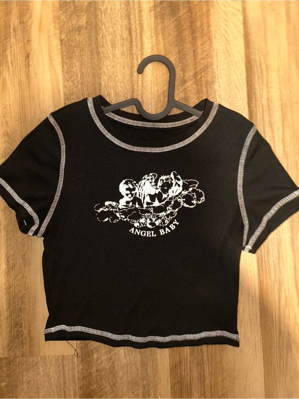 Black 'Angel Baby' Graphic Crop Top with Contrast Stitching